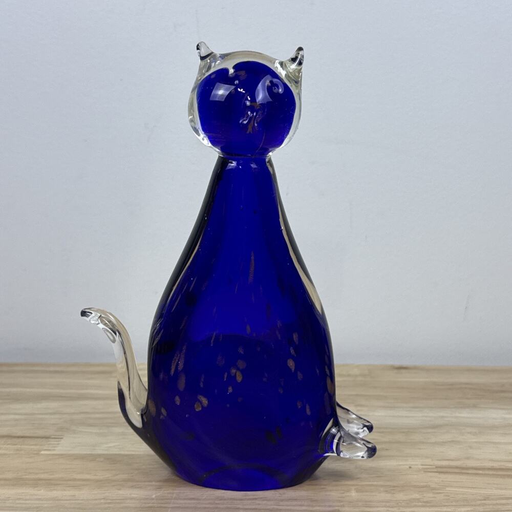 Murano Art Glass Cobalt Blue with Abstract Copper Design CAT Figurine 8" tall